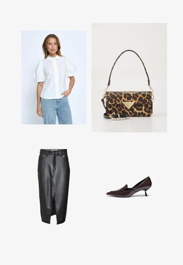 White puff-sleeve blouse with a button front, collar, and solid texture, paired with light blue jeans in a neutral background.; Black leather skirt with a mid-length design, featuring a front slit, classic belt loops, and stitched detailing along the seams.; Pointed-toe pumps in dark brown patent leather with a low stiletto heel and sleek silhouette, featuring a slightly raised vamp.; Leopard-print handbag in textured faux leather, featuring a gold-tone triangular accent and a removable shoulder strap.; Gold hoop earrings with a wavy, textured design. Features a thin wire closure and a polished, reflective surface.