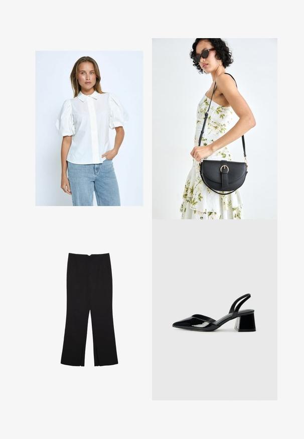 Bijela bluzica s puhovitim rukavima, s gumbima sprijeda, ovratnikom i jednolikom teksturom, upairana s svijetloplavim trapericama na neutralnoj pozadini.; Crne hlače ravnog kroja, s prednjim džepovima i bočnim prorezima na rubu. Izrađene od mekog i glatkog materijala. Pogodne za razne prigode.; Crne lakirane kožne sandale s otvorenom petom i špicastim vrhom, s geometrijskom blok petom. Imaju elegantan, minimalistički dizajn i glatku teksturu.; Crna kožna torba s lukovitim oblikom, odvojivim remenom i zlatnim detaljima. Torba ima preklop s kopčom.