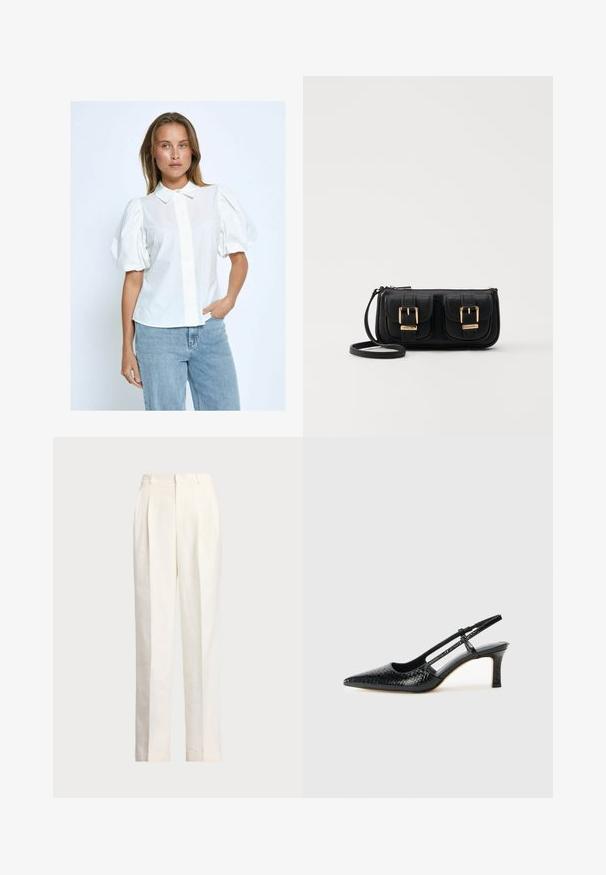 Weiße Bluse mit Puffärmeln, Knopfleiste, Kragen und einfarbiger Textur, kombiniert mit hellblauen Jeans vor einem neutralen Hintergrund.; Polo Ralph Lauren HEMP WIDE LEG PANT - Stoffhose - nevis; Schwarze Lack-Slingback-Pumps mit spitzem Zehenbereich, versehen mit strukturiertem Schlangenprint, verstellbarem Riemen und einem kurzen, strukturierten Blockabsatz.; Schwarze Leder-Umhängetasche mit zwei vorderen Taschen, goldenen Schnallen, Reißverschluss und einem schmalen Tragegurt. Texturierte Oberfläche und kompakte rechteckige Form.