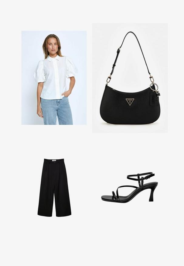 Bijela bluzica s puhovitim rukavima, s gumbima sprijeda, ovratnikom i jednolikom teksturom, upairana s svijetloplavim trapericama na neutralnoj pozadini.; Crne široke hlače s visokim strukom, nabranim prednjim dijelom i kopčanjem na dugme. Izrađene su od glatkog materijala s krojenim dizajnom.; Crne kožne sandale s potpeticom, s tankim trakicama, kvadratnim prstom i stiletto potpeticom. Podešavajuća traka oko gležnja za bolj fits. Glatka tekstura.; Crna sintetika torba za rame s zakrivljenim oblikom, teksturiranim završetkom, zlatnim trokutastim logotipom i odvojivim hardverskim naglascima.