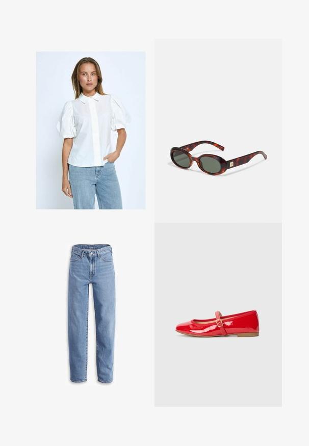 White puff-sleeve blouse with a button front, collar, and solid texture, paired with light blue jeans in a neutral background.; Light blue jeans made of denim, with a relaxed fit, straight leg, five-pocket design, and frayed hems for a casual look.; Red patent leather flat shoes with a square toe, a small buckle strap across the instep, and a flat rubber sole.; Tortoise-shell sunglasses with dark lenses, oval shape, and wide arms. Features a small gold accent on the side. Smooth plastic material.
