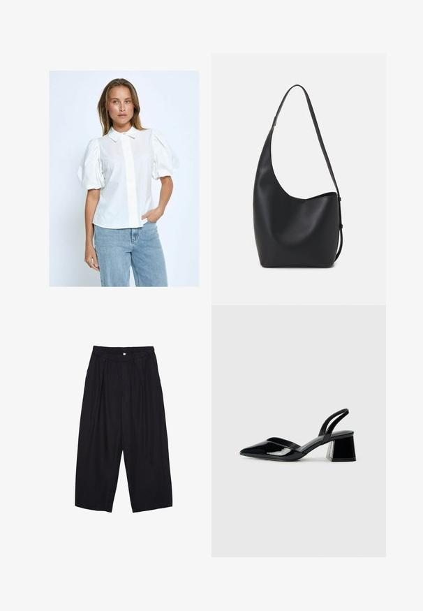 Blusa bianca con maniche a sbuffo, apertura con bottoni, colletto e texture uniforme, abbinata a jeans azzurri su uno sfondo neutro.; Pantaloni culotte neri in poliestere con una cintura elastica, due pieghe frontali e una silhouette ampia. Nessun motivo visibile o dettagli in metallo.; Décolleté in vernice nera con punta affusolata e tacco in geometria cubica. Presentano un design elegante e minimalista, con una texture liscia.; Borsa hobo nera in pelle con una superficie liscia, forma curvata e una singola tracolla regolabile; presenta un'ampia apertura nella parte superiore.