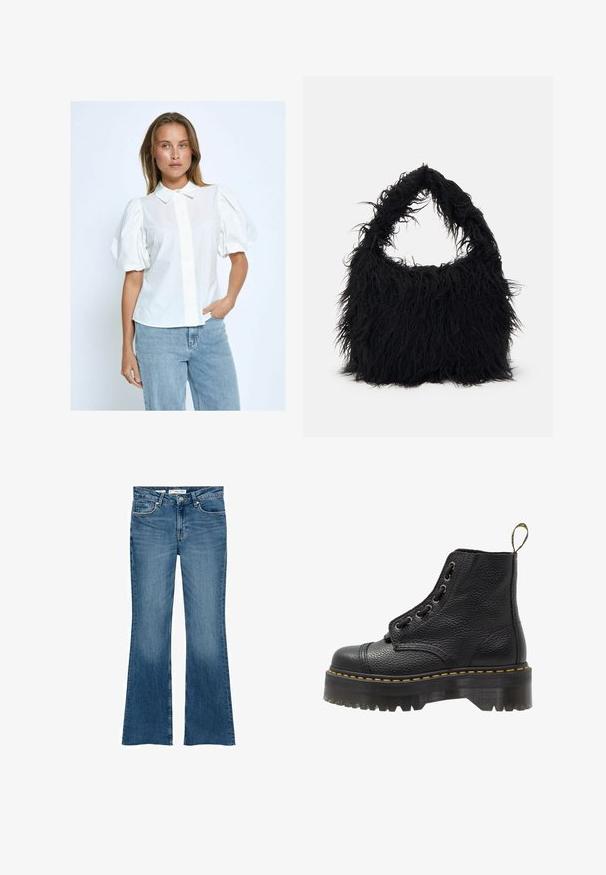 White puff-sleeve blouse with a button front, collar, and solid texture, paired with light blue jeans in a neutral background.; Flared blue denim jeans with a mid-rise waist, featuring front pockets and a smooth texture, with a clean, classic design.; Black leather ankle boot with textured surface, round toe, lace-up design, yellow stitching, and a thick, ridged black platform sole.; Even&Odd Tote bag - black