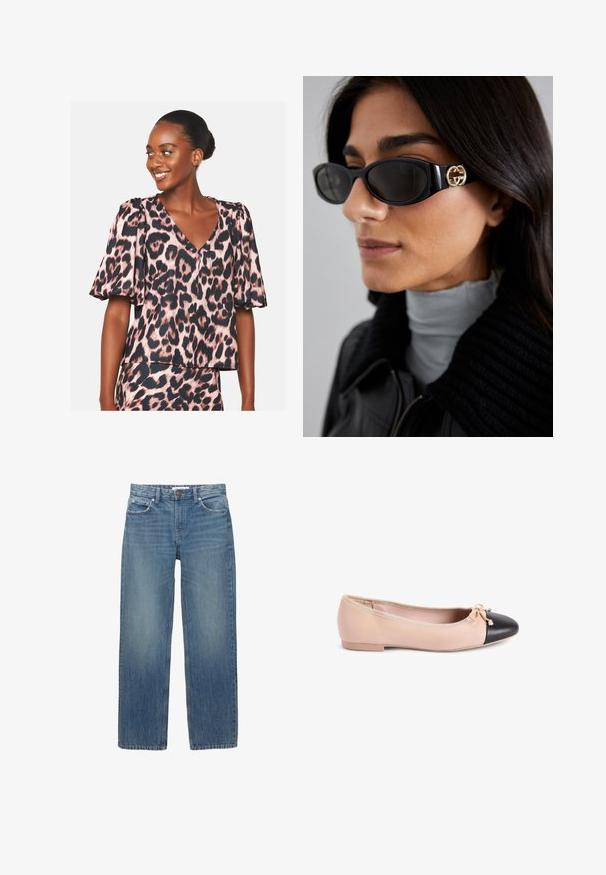 Leopardenmuster-Bluse in Pink und Schwarz, mit kurzen Puffärmeln und V-Ausschnitt, aus strukturiertem Stoff und in entspanntem Schnitt.; Hellblaue Jeans aus Denim mit geradem Schnitt, fünf Taschen und Beschlägen in Kupferfarbe. Der Stoff hat eine leichte Ausbleichung und eine glatte Textur.; Ballerinas mit einem nude-farbenen Lederoberteil und einer schwarzen Lederkappe, versehen mit einem kleinen Schleifchen und einer flachen Gummisohle.; Schwarze Sonnenbrille mit einem schlanken rechteckigen Rahmen und einem goldenen Logo-Akzent an der Seite. Dunkle Gläser und glänzende Oberfläche sind auffällig.