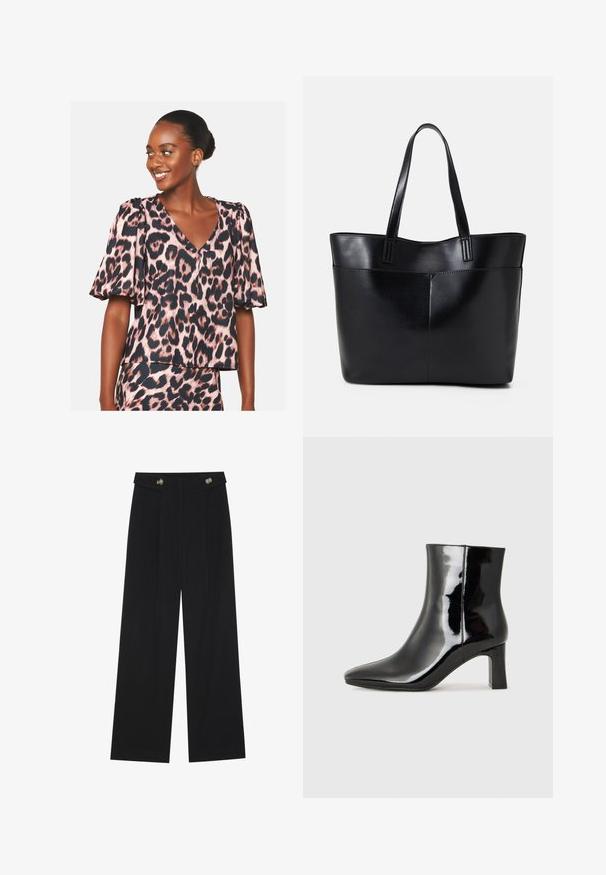 Bluza z leopardjim vzorcem v roza in črni barvi, s kratkimi nabranimi rokavi in V-izrezom, teksturirano blago in sproščen kroj.; Črne široke hlače s visokim pasom, gumbnimi detajli na pasu in sprednjimi gubami.; Črne lakirane gležnjarje z ošiljenim nosom in srednje visokim blokastim peto. Gladka tekstura in minimalističen dizajn.; Črna usnjena torba z dvema dolgima ročajema, gladko teksturo in strukturirano obliko. Ima sprednji žep za dodatno shranjevanje.