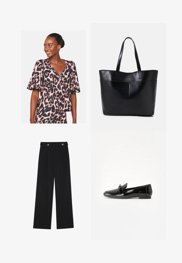 Rožinė ir juoda leopardų rašto bliuskutė, su trumpomis pūstomis rankovėmis ir V formos iškirpte, tekstūruota medžiaga ir laisvo kirpimo dizainas.; Juodi plačios kojos kelnės su aukštu liemeniu, sagų detalėmis ant liemens ir priekinėmis raukšlėmis.; Juodas patentuotas odinis loaferis su plokščiu padu, apvaliu pirštu ir dekoratyvine juostele su auksine akcentu. Lygus, blizgantis paviršius.; Juoda odinė rankinė su dviem ilgais diržais, lygiu paviršiumi ir struktūrizuota forma. Yra priekinė kišenė papildomam saugojimui.