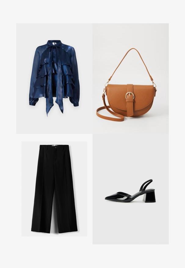 Bluză din mătase bleu închis, cu straturi volănaș, guler tip fundiță și mâneci lungi cu manșete împătuite. Textură fină și design ușor.; Pantaloni negri cu picior larg, fabricați dintr-un material ușor, cu închidere frontală cu nasture și față plată, având tivuri cusute cu atenție.; Pantofi cu toc slingback din piele lacuită neagră, cu vârf ascuțit și toc geometric. Prezintă un design elegant, minimalist și o textură netedă.; Geantă din piele maro, tip crossbody, cu o formă curbată, accesorii aurii și un accent cu cataramă. Dispune de un curea de umăr detașabilă.