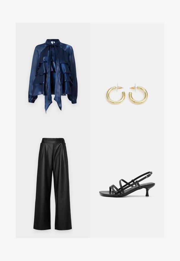 Tamsiai mėlyna šilko bluzonė su voliotomis sluoksniais, apykakle su kaspinu ir ilgomis rankovėmis su surinktomis apyrankėmis. Lygus paviršius ir lengva konstrukcija.; Juodi, platūs odiniai kelnių modeliai, turintys aukštą liemenį, klostes ir dvi apvalias mygtukus priekyje užsegimui.; Juodos aukštakulnės šlepetės su keliais perrištomis juostelėmis. Lygi medžiaga, smailas nosis ir siauras kulnas. Reguliuojama kulkšnies juostelė su sagtimi.; Aukso auskarai su lygiu, blizgiu paviršiumi. Apvalus dizainas su maža užrakto dalimi ir skaidria atrama saugiam nešiojimui.