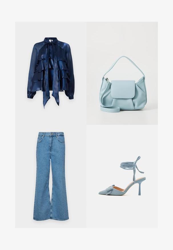 Mörkblå sidenblus med volanglager, krage med rosett och långa ärmar med samlade manschetter. Slät textur och lätt design.; Ljust blå vida jeans i denim, med hög midja, fem fickor och en enda knappstängning. Mjuk textur med blekt finish.; Spetsig tå högklackad sko i ljusblått tyg med texturerad yta, med en rosettaccent och ankelrem för säker passform.; Ljusblå läderhandväska med ett handtag på toppen, framficka med klaff och avtagbar handledsrem på vit bakgrund.