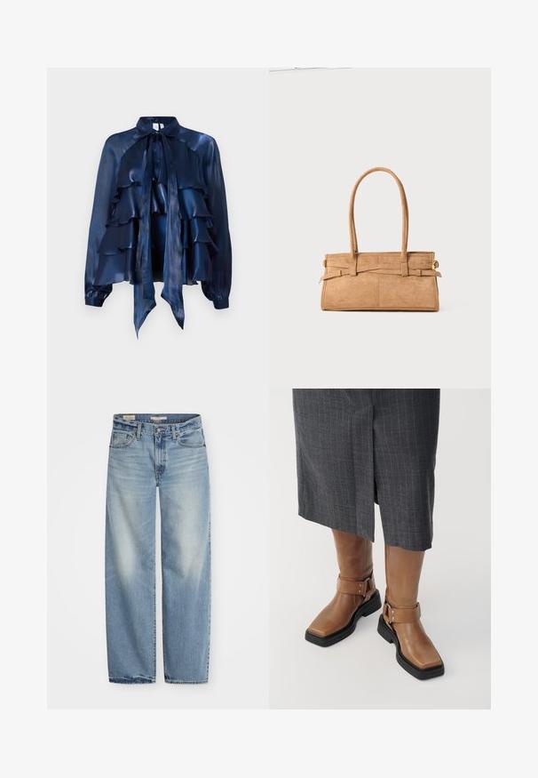 Blouse en soie bleu marine avec des couches froncées, un col à nœud papillon et des manches longues avec des poignets froncés. Texture douce et design léger.; Jeans large en denim bleu clair. Comprend un bouton et une fermeture éclair, cinq poches, et une finition délavée avec un ourlet légèrement usé.; Bottes en cuir marron jusqu'au genou avec un bout carré, semelle en caoutchouc noir et détail de sangle à boucle ajustable. Portées avec une jupe grise à rayures.; Sac en daim beige avec deux longues poignées, de forme rectangulaire et avec des coutures décoratives. Dispose d'une bandoulière et de subtils accents en métal doré.