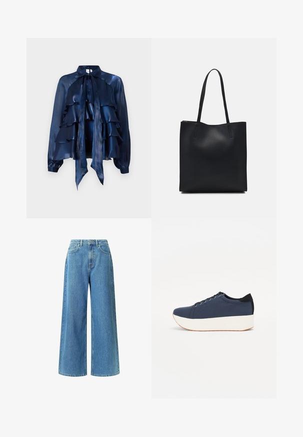 Tumesinine siidbluus rütmitatud kihtide, patsikoti krae ja pika varrukaga, millel on volditud mansetid. Sile tekstuur ja kerge disain.; Laia jalgadega teksad helesinisest denimist, kõrge vöökohaga, kahe esipocketiga, vöölingiga ja kergelt tekstuuriga mustriga.; Tumedat sinised tennised tekstureeritud riidest pealispinnaga, valge platvormi tallaga, ümarate varvaste ja musta kontsapaneeliga. Omab kuut silma paelte jaoks.; Mustast nahast kott sujuva tekstuuriga, ristkülikukujuline ja kahe pika sangaga. Pole nähtavat riistvara ega kaunistusi.