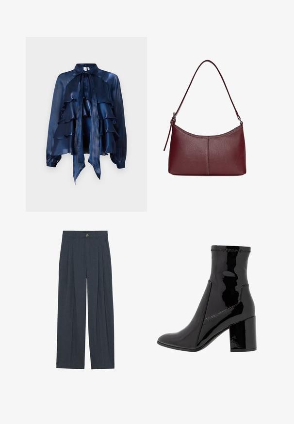 Navyblaue Seidenbluse mit Rüschenschichten, einem Schleifenkragen und langen Ärmeln mit gerafften Manschetten. Glatte Textur und leichtes Design.; Weite Hosen aus strukturiertem dunkelgrauem Stoff, mit vorderen Falten, einem Knopfverschluss und seitlichen Taschen für zusätzlichen Komfort.; Schwarze, lackierte Knöchelstiefel mit glatter Textur, spitzem Zeh und strukturiertem Blockabsatz. Verfügt über ein reißverschlussfreies Design und kontrastierende Nähte.; Bordeauxfarbene Ledertasche mit geschwungener Form, einem einzigen Schulterriemen und gesteppten Details in der Mitte. Glatte Textur, minimales Zubehör.