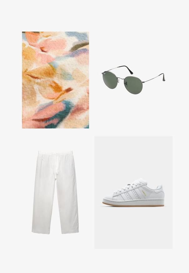 Tissu floral avec des couleurs pastel douces, incluant du rose, de l'orange et du bleu, avec une surface texturée et un motif flou.; T-shirt en coton blanc à manches courtes, col rond et coupe décontractée. Texture lisse sans motifs ou accents visibles.; Pantalons en lin blanc avec une taille élastique et un cordon de serrage, conception à jambes larges et coutures nettes. Texture lisse avec une coupe décontractée.; Baskets blanches avec un design perforé à trois rayures, des accents texturés, une semelle en caoutchouc et le logo "CAMPUS" en doré sur le côté.; Lunettes de soleil en métal avec des verres ovales verts. Monture en métal argenté mince et embouts d'oreille noirs. Design minimaliste, sans logos visibles.