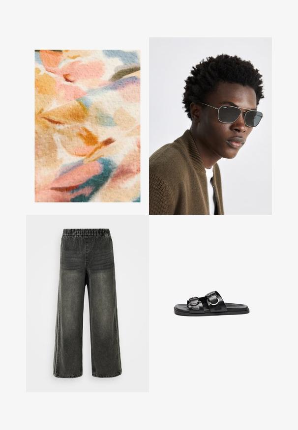 Bloemengestoffeerde stof met zachte pastelkleuren, waaronder roze, oranje en blauw, met een gestructureerd oppervlak en een vervaagd patroonontwerp.; Zwart gewassen denim broek met elastische tailleband en brede pijpen, met subtiele verticale naaddetails aan de zijkanten.; Zwarte slidessandalen met twee verstelbare banden met zilveren gespen, een platte zool en een gladde matte afwerking.; Zonnebril met een zilverkleurig metalen frame, aviator-vorm en donker getinte lenzen. Gecombineerd met een geribbelde bruine bomberjack.