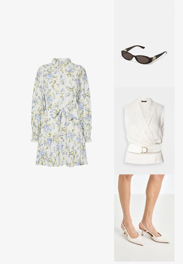 Ärmellose weiße Bluse mit Wickeldesign und einem taillierten Bund. Verfügt über eine glatte Textur und eine goldene, runde Schnallenakzent.; Blumenkleid in Weiß mit blauen und grünen Blumen, mit einem Kragen, durchgehender Knopfleiste, langen Ärmeln mit elastischen Bündchen und einem Taillengürtel.; Beige Lackleder Slingback-Absätze mit spitzem Fuß und 5 cm Absatz, mit ausgeschnittenen Seiten und einem schmalen Knöchelriemen.; Schildpatt-Sonnenbrille mit länglich-ovalen Gläsern, braunem Farbton, goldenen Logo-Akzenten an den Bügeln und schlanken schwarzen Bügeln.; Beige gemusterte Handtasche mit geschwungener Form, Lederakzenten und einem goldfarbenen Logo auf der Vorderseite. Verfügt über einen kurzen Griff für einfaches Tragen.; Perlen- und Kristallhalskette mit einem runden, perlenbesetzten Design in sanften Farbtönen, das abwechselnd Perlen und funkelnde Akzente zeigt, um den Hals getragen.