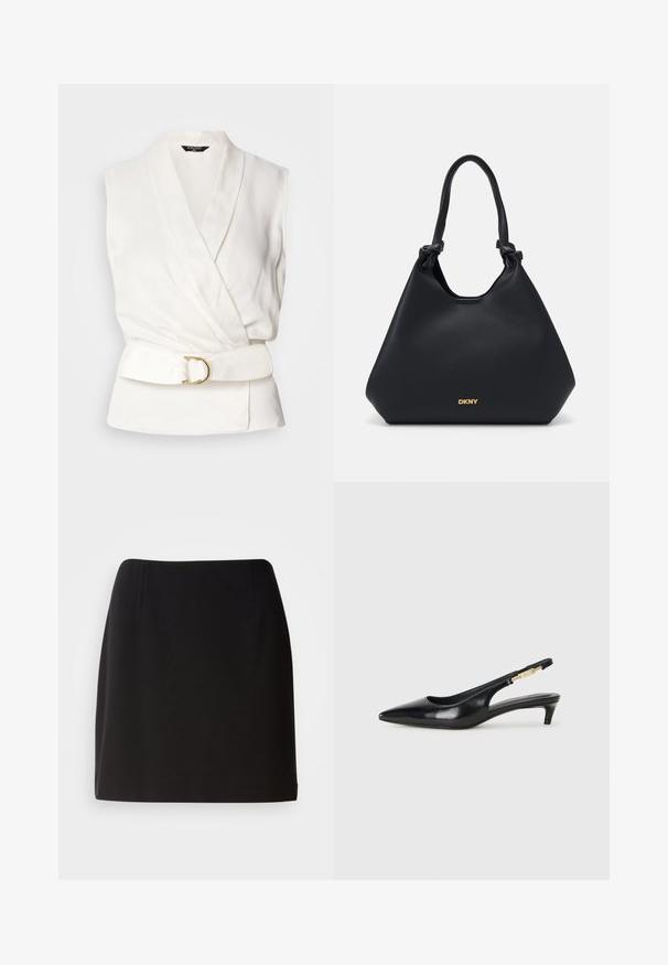 Ärmellose weiße Bluse mit Wickeldesign und einem taillierten Bund. Verfügt über eine glatte Textur und eine goldene, runde Schnallenakzent.; Schwarzer Rock mit einer figurbetonten Silhouette, aus glattem Stoff gefertigt. Verfügt über subtile vordere Falten und ein Design bis zur Mitte des Oberschenkels.; Schwarze Leder-Slingback-Pumps mit spitzem Schuhblatt, ausgestattet mit einem schlanken Absatz und einem goldfarbigen Akzent am verstellbaren Riemen. Glatte Textur.; Schwarze Ledertasche mit strukturiertem Finish, geknoteten Handgriffen und goldfarbener Logodetailierung an der Basis. Sie hat eine lässige Silhouette.