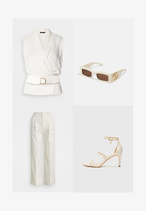 Ermeløs hvit bluse med innpakningsdesign og belte i midjen. Har en glatt tekstur og en gullfarget rund spenne som detalj.; Hvite skreddersydde bukser med høy midje, doble frontfold, og vide ben med brettede mansjetter. Laget av et glatt, teksturert stoff.; Beige høyhælte sandaler med tynn ankelstropp og to stropper over. Glanset lakkfinish og detaljer i gull på ankelstroppen.; Hvite rektangulære solbriller med brune glass. Har en fremtredende gull GG-logo på siden. Laget av strukturert plastmateriale.