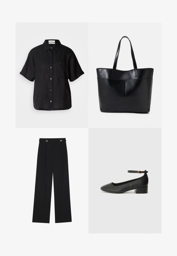 Črna lanena srajca s kratkimi rokavi, z gumbom spredaj, z ostrim ovratnikom in žepom na prsih. Ima subtilno teksturo in sproščen kroj.; Črne široke hlače s visokim pasom, gumbnimi detajli na pasu in sprednjimi gubami.; Črne usnjene pumpice z nazobčanimi prsti in nizko blokasto peto. Imajo trak okoli gležnja z zaponko v zlatem tonu. Gladka tekstura.; Črna usnjena torba z dvema dolgima ročajema, gladko teksturo in strukturirano obliko. Ima sprednji žep za dodatno shranjevanje.