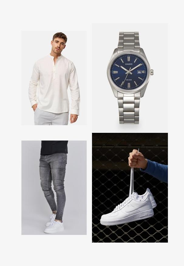 Langärmliges, weißes Leinenhemd mit Stehkragen und Knopfleiste. Weiche Textur mit lockerer Passform und abgerundetem Saumdesign.; Schlanke Jeans aus ausgebleichtem grauem Denim, mit abgenutzten Details an den Knien, kombiniert mit weißen Sneakers. Glatte Textur, schlanker Schnitt.; Weiße Leder-Sneaker mit Perforationen, runder Zehenpartie, flacher Sohle und dicken Schnürsenkeln, mit sichtbar eingesticktem Swoosh-Logo und "AIR" an der Ferse.; Silberner Armbanduhr aus Edelstahl mit einem dunkelblauen Zifferblatt, metallischen Stundenmarkierungen und einem Datumsfenster bei 3 Uhr. Wasserdicht bis 50 Meter.