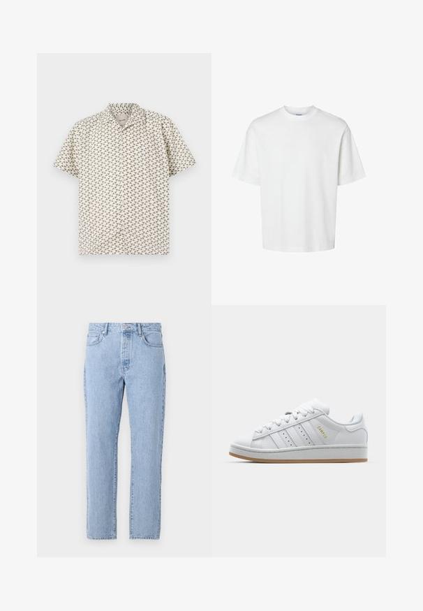 Košulja kratkih rukava u krem boji s geometrijskim uzorkom trokutastih oblika u prigušenim zelenim tonovima. Ima izrez s ovratnikom i laganu teksturu materijala.; Bijela pamučna majica kratkih rukava, s okruglim izrezom i opuštenim krojem. Glatka tekstura bez vidljivih uzoraka ili ukrasa.; Svijetloplave traperice s ravnim nogavicama, pet džepova i dugmadi za zatvaranje. Mekana tekstura s klasičnim izblijedjelim završetkom.; Bijele tenisice s perforiranim dizajnom u tri pruge, teksturiranim detaljima, gumeni potplat i zlatni "CAMPUS" logo na strani.