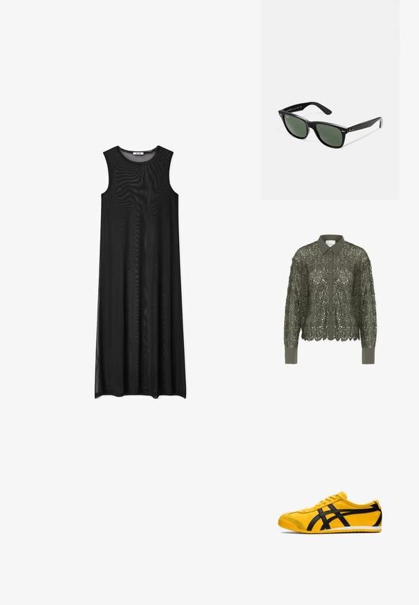 Camicia verde oliva con sovrapposizione di pizzo a motivo floreale, apertura con bottoni davanti e colletto a punta. Maniche lunghe con polsini solidi.; Abito maxi nero senza maniche con una vestibilità ampia. Realizzato in tessuto trasparente, presenta un collo rotondo e un design lungo fino al pavimento.; Scarpa da atletica gialla con accenti neri, texture in pelle liscia, design curvo, punta rotonda, suola piatta bianca e marchio prominente sul lato.; Occhiali da sole in plastica nera con lenti verdi, montatura quadrata, dettaglio argento sulla parte superiore e steli con texture. Marchio indicato sulla parte interna dello stelo.