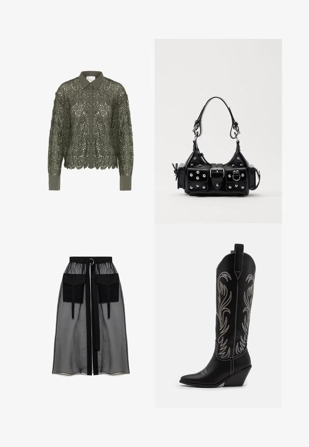 Olíva zöld ing csipke díszítéssel, virágos mintával, gombos elülső résszel és hegyes gallérral. Hosszú ujjú, egyszínű mandzsettával.; Fekete áttetsző szoknya ráncolt derékrésszel, két nagy elülső zsebbel, derékpánttal és kör alakú fém díszítéssel.; Fekete bőr cowboy csizmák hegyes orral, wedge sarkakkal és ezüst hímzett virágmintákkal a szár mentén. Kontraszt varrás az egész csizmán.; Fekete bőr kézitáska ívelt designnal, ezüst szegecsekkel, csattal és két oldalsó zsebbel. Állítható vállpánt a hordozási lehetőségekhez.