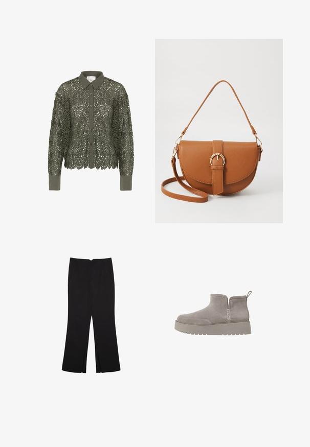 Olivgrünes Hemd mit Spitzenoberteil und floralem Muster, Knopfleiste und spitzem Kragen. Lange Ärmel mit einfarbigen Manschetten.; Schwarze Hose mit geradem Schnitt, ausgestattet mit Fronttaschen und Seitenschlitzen am Saum. Hergestellt aus weichem, glattem Stoff. Geeignet für verschiedene Anlässe.; Grau Wildleder-Ankle-Boot mit niedrigem Profil, elastischen Seitenpaneelen und einer strukturierten Gummisohle. Verfügt über eine Zuglasche für einfaches Anziehen.; Braune Leder-Crossbody-Tasche mit geschwungener Form, goldfarbenen Beschlägen und einer Schnallenakzentuierung. Verfügt über einen abnehmbaren Schultergurt.