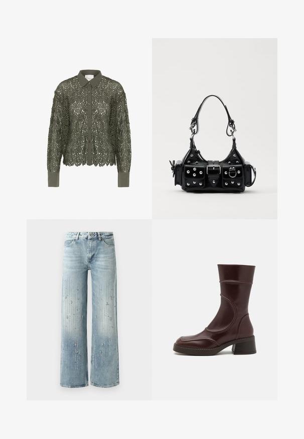 Oliivroheline särk pitskatteta, millel on lilleline muster, nööpidega esiosa ja terava krae. Pikad varrukad, millel on ühtlased mansetid.; Heledad helesinine laiade jalgadega teksad, millel on denimist valmistatud, graadiendiga värviefekt ja hõbedaste silmadega ääristused piki suunda.; MIISTA MALENE - Klassikalised poolsaapad - brown; Must värvi nahast käekott, millel on kaarjas disain, hõbedased nupukesed, kinnitusahe ja kaks külgtaskut. Reguleeritav rihm erinevate kandmisvõimaluste jaoks.