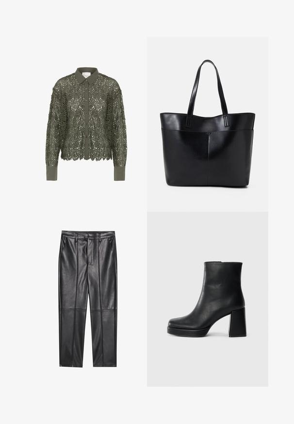 Camisa verde oliva con un forro de encaje que presenta un patrón floral, cierre de botones en la parte delantera y cuello puntiagudo. Manga larga con puños sólidos.; Pantalones de cuero negros con una textura suave, con un corte recto, dos bolsillos frontales y detalles de costura visibles.; Botín de cuero negro con tacón cuadrado y suela de plataforma, visto de lado sobre un fondo blanco liso.; Bolso tote de cuero negro con dos asas largas, textura suave y forma estructurada. Cuenta con un bolsillo frontal para almacenamiento adicional.