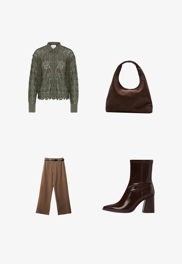 Olivově zelená košile s krajkovou vrstvou s květinovým vzorem, zapínání na knoflíky v přední části a špičatým límcem. Dlouhé rukávy s pevným manžetem.; Hnědé kalhoty s širokými nohavicemi a hladkým povrchem, se černým páskem, dvěma předními kapsami a upraveným střihem.; Hnědé lakované kožené kotníkové boty s špičatou špičkou, elastickým kotníkem a chunky blokovým podpatkem. Elegantní design s hladkým povrchem.; Měkká hnědá kabelka ve stylu hobo s jedním širokým popruhem a zakřiveným horním otvorem, vystavená na bílém pozadí.