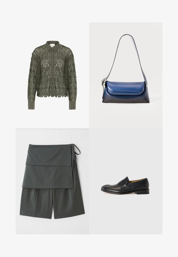 Aliejinės žalios spalvos marškiniai su nėriniuotu audiniu, puoštu gėlių raštu, su mygtukų uždarymu ir smailiu apykakle. Ilgos rankovės su vienspalviais manžetais.; Tamsiai pilki unisex šortai su sluoksniuotu dizainu, turintys viršutinį panelį ir šoninius raištelius. Pagaminti iš lygaus, lengvo audinio.; Juodi odiniai loafersai su lygiu paviršiumi, apvalia skyle ir ryškiu dirželiu priekyje; turi minimalistinį dizainą.; Tamsiai mėlyna odinė rankinė su lygiu paviršiumi, suapvalinta forma, sulankstytu viršumi ir viena petneša. Įtraukti sidabriniai aksesuarai.