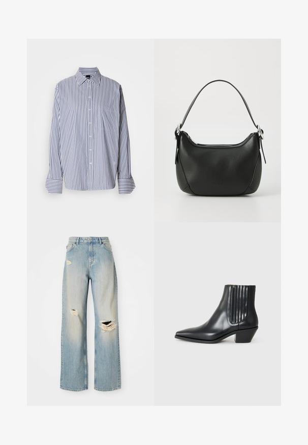 Striped button-up shirt in blue and white cotton, featuring long sleeves, a collar, a chest pocket, and a curved hem.; Gray sleeveless turtleneck top, body-hugging fit, ribbed texture, smooth fabric, features high neck and stylish shoulder cutouts.; Light blue straight-leg jeans with high waist, belt loops, and distressed rips on the left thigh, right knee, and lower left leg.; Black leather ankle boot with pointed toe, elastic side panels with vertical grooves, and a low block heel. Smooth texture and sleek design.; Black leather handbag with a curved shape, silver zipper, and a short handle. Features a subtle logo on the front and smooth texture.