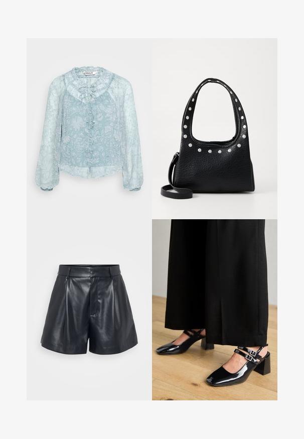 Hele sinine lilleline pluus, millel on volangiga krae, pikad puff-särgivarud ja nööbikeerme ees. Läbipaistev kangas.; Mustad nahast lühikesed püksid, millel on sile tekstuur, kokkuõmmeldud disain, volditud esiosa ja vöörihmade silmad; sisaldab varjatud tõmblukuga taskut küljel.; Mustad nahast slingback kingad ruudukujuliste varvastega, millel on kahekordne reguleeritav pahkluu rihm ja plokkninad. Sile, läikiv pind.; Must ja tekstuuriga nahast käekott, mille ülemise serva ja käepidemete äärtes on hõbedased nupud. Kotil on lühike käepide ja eemaldatav õlavööt.; Hõbedane rõngas kõrvarõngas poleeritud viimistlusega, millel on väikesed kuldsed aktsendid ja ümmargune kuju, kantud lobus.