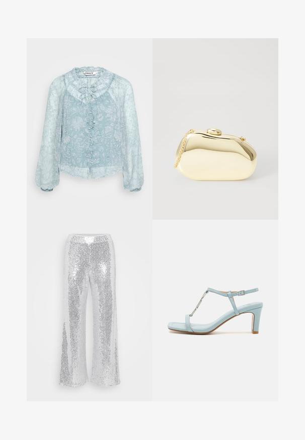 Bluză de culoare albastru deschis, cu un model floral, cu un guler cu volane, mâneci lungi tip puff și închidere cu nasturi în față. Material transparent.; Pantaloni largi din paiete argintii cu talie înaltă. Țesătura strălucește și reflectă lumina, având o textură netedă și lucioasă.; Sandală cu toc înalt, cu curea la gleznă, de culoare albastru deschis, cu un design cu vârf pătrat, având un accent metalic și o textură de piele netedă și elegantă.; Clutch metalizat de culoare aurie, cu o formă netedă și rotundă, având un închizător tip buton în partea de sus și o curea mică pentru purtare.