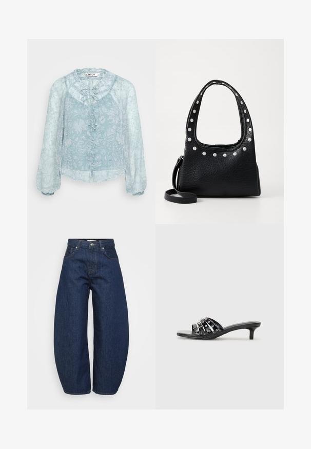 Light blue, floral patterned blouse with a ruffled neckline, long puff sleeves, and button closure at the front. Transparent fabric.; Dark blue denim jeans with a wide, relaxed fit. Features a zip fly, four pockets, and contrasting stitching along seams.; Black heeled sandals with multiple glossy straps and metallic accents, featuring a pointed toe and modest kitten heels. Smooth texture.; Black textured leather handbag with silver studs along the top edge and handles, featuring a short handle and a detachable strap.; Silver hoop earring with a polished finish, featuring small gold accent details and a round shape, worn on the lobe.