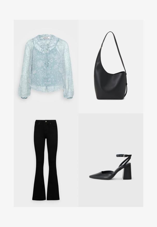 Svjetloplava bluzica s cvjetnim uzorkom, s volanima na dekolteu, dugim napućenim rukavima i kopčanjem na dugmad sprijeda. Prozirna tkanina.; Črne visokotopne kavbojke z gumbom in zadrgo, sprednjimi žepi in razširjenimi hlačnicami, poleg bel background.; Črne usnjene klasične čevlje z ostrim nosom, z zaponko za gleženj in debelim peto. Ravna tekstura, eleganten dizajn in minimalistična estetika.; Črna usnjena hobo torba z gladko teksturo, ukrivljeno obliko in eno nastavljivo naramnico; ima širok odprtina na vrhu.