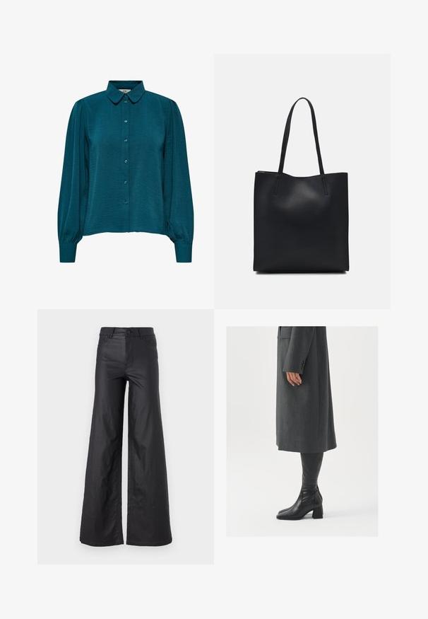 Tyrkysová blůza s límečkem, předním zapínáním na knoflíky a dlouhými rukávy. Vyrobená z texturované látky s nabíranými manžetami.; Černé kalhoty s širokými nohavicemi ze syntetické kůže. Mají vysoký pás, poutka na opasek, dvě přední kapsy a prošívané detaily.; Šedý padnoucí kabát s rovnou siluetou; kombinovaný s černými koženými botami nad kolena s hranatou špičkou a masivním podpatkem.; Černá kožená taška přes rameno s hladkým povrchem, obdélníkovým tvarem a dvěma dlouhými uchy. Žádné viditelné kování ani ozdoby.