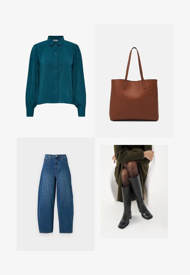 Teal blouse with a collared neckline, button front, and long sleeves. Made from textured fabric with gathered cuffs.; Denim jeans in a medium blue wash, featuring a high waist, wide leg cut, and standard five-pocket design with visible stitching details.; Knee-high black leather boots with a squared toe and block heel, shown with a model seated in an olive green coat. Smooth texture, minimal detailing.; Brown leather tote bag with a smooth texture, open top design, and two shoulder straps. Features minimal stitching and no visible hardware.