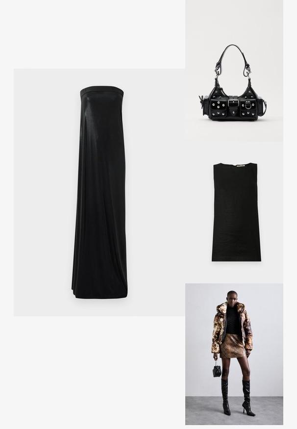 Ujjatlan fekete felső, könnyű anyagból készült. Kerek kivágással és rejtett hátsó cipzárral rendelkezik a záródáshoz.; Fekete, pánt nélküli maxi ruha sima, fényes anyagból. Feszes felsőrésze és lebegő sziluettje van, a földig ér, díszítések nélkül.; Barna és fekete mintás puffjú dzseki, barna kígyóbőr mintás mini szoknyával, fekete térdig érő csizmával és egy kicsi fekete táskával párosítva.; Fekete bőr kézitáska ívelt designnal, ezüst szegecsekkel, csattal és két oldalsó zsebbel. Állítható vállpánt a hordozási lehetőségekhez.