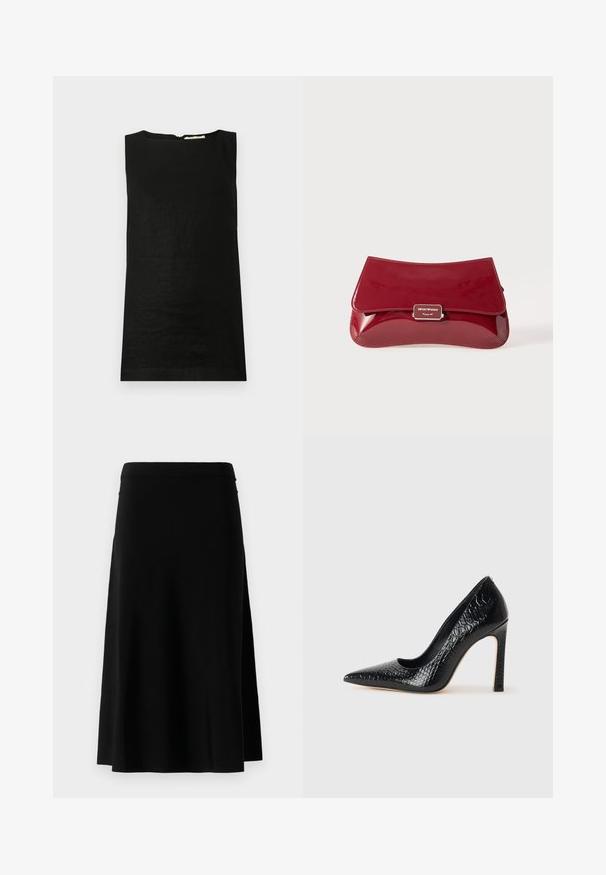 Sleeveless black top made of a lightweight fabric. Features a rounded neckline and a concealed back zipper for closure.; Black knee-length skirt with a straight cut and side slit, displayed against a white background.; Black pointed-toe high heel shoe with a crocodile-skin texture, featuring a sleek design, high stiletto heel, and smooth black interior.; Red patent leather clutch bag with a curved design, fold-over flap, and a metal logo accent on a silver plaque. Smooth, shiny texture.