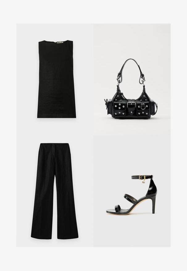 Ujjatlan fekete felső, könnyű anyagból készült. Kerek kivágással és rejtett hátsó cipzárral rendelkezik a záródáshoz.; Fekete, bő szárú nadrág, texturált anyagból készült. Magas derekú, tiszta elülső redőkkel rendelkezik, egyenesen leér a szegélyig.; Fekete lakk bőr szandál három pánttal, bokapánttal és 10 cm magasságú tűsarokkal. Arany színű részletekkel és logó charm-mal rendelkezik.; Fekete bőr kézitáska ívelt designnal, ezüst szegecsekkel, csattal és két oldalsó zsebbel. Állítható vállpánt a hordozási lehetőségekhez.