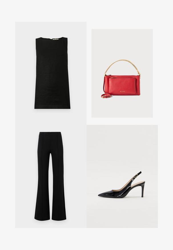 Lühikeste varrukateta must pluus, mis on valmistatud kergest kangast. Omab ümarat kaelust ja peidetud seljatõmblust sulgemiseks.; Mustad põlvpüksid kõrge vöökohaga, valmistatud venivast kangast. Esiküljel on vertikaalsed õmblusdetailid ja sile tekstuur.; Must hõbedavärvi patendiga slingback kontsakingad terava varbaga, kitsas konts ja peene lõikega disain. Statistika on kuldne pandla rihmal.; Punane nahkrahakott tekstureeritud viimistlusega, kullatud kett ja rihm, eesmine tõmblukuga tasku ning reljeefne logo. Kompaktne ja struktureeritud disain.