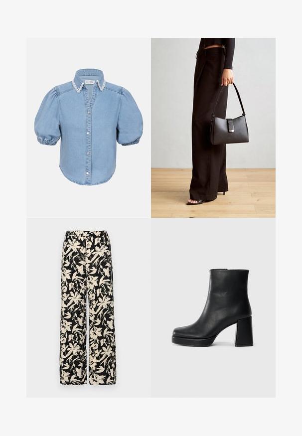 Gai zila denima īsām piedurknēm krekls ar pūkām, mežģīņu apdari pie apkakles un pogājamām frontēm. Mīksta tekstūra ar noapaļotu apakšmalu.; Melni platie bikses ar krēmkrāsas ziedu rakstu. Izgatavotas no viegla auduma, kuram ir gluda tekstūra un augsta jostasvietas daļa.; Melna ādas potīšu zābaku ar bloku papēdi un platformas zoli, skatīts no sāna uz vienkārša balta fona.; Melnā somiņa ar strukturētu formu, gludu tekstūru un metālu sprādzi. Saskaņota ar platām melnām biksēm un sandālēm ar atvērtu purngalu uz koka grīdas.