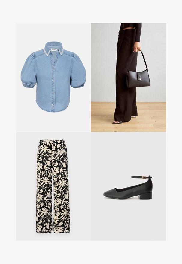 Light blue denim short-sleeve shirt with puffed sleeves, lace-trimmed collar, and button-up front. Soft texture with rounded hem.; Black wide-leg pants with a cream floral pattern. Made of lightweight fabric, featuring a smooth texture and a high waistband.; Black leather pump with a pointed toe and a low block heel. Features an ankle strap with a gold-tone buckle. Smooth texture.; Black handbag with structured shape, smooth texture, and a metallic clasp. Paired with wide black pants and open-toe sandals on wooden floor.