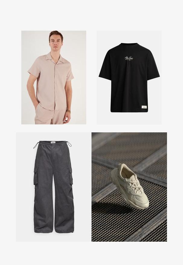 Korte mouw shirt in lichtroze, gemaakt van ribbelstof. Heeft een kraag en knopen aan de voorkant, met een ontspannen pasvorm.; Zwarte t-shirt met korte mouwen van katoen. Heeft een klein wit logo op de borst en een rechthoekig label op de onderzijde rechts.; Grijze cargobroek van textuurstof, met een elastische tailleband, trekkoord en zijzakdetails. Loose fit met wijde pijpen.; Beige sneaker met gestructureerde stof, contrasterende gladde accenten, afgeronde zool en veters, boven een gegraveerd oppervlak.