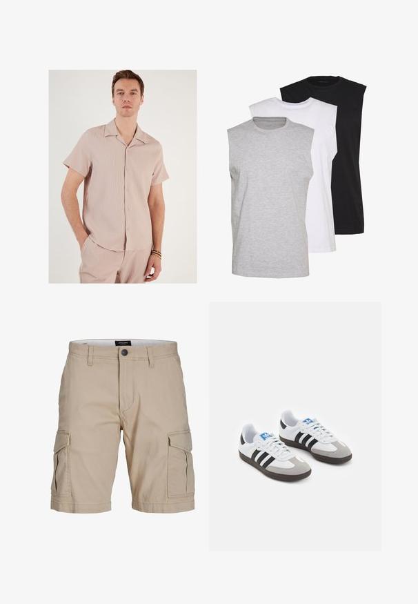 Chemise à manches courtes en rose clair, en tissu côtelé. Elle possède un col et des boutons sur le devant, avec une coupe décontractée.; Trois t-shirts sans manches en gris, blanc et noir. Tissu en coton doux avec un col rond et une coupe décontractée. Design simple, sans motifs.; Shorts cargo beige en coton, dotés de plusieurs poches latérales, d'une fermeture à bouton à la taille, et d'un design à coupe droite.; Baskets avec une tige en cuir blanc, un bout en daim gris et trois bandes noires. Présente un logo bleu sur la languette et une semelle en caoutchouc texturée.