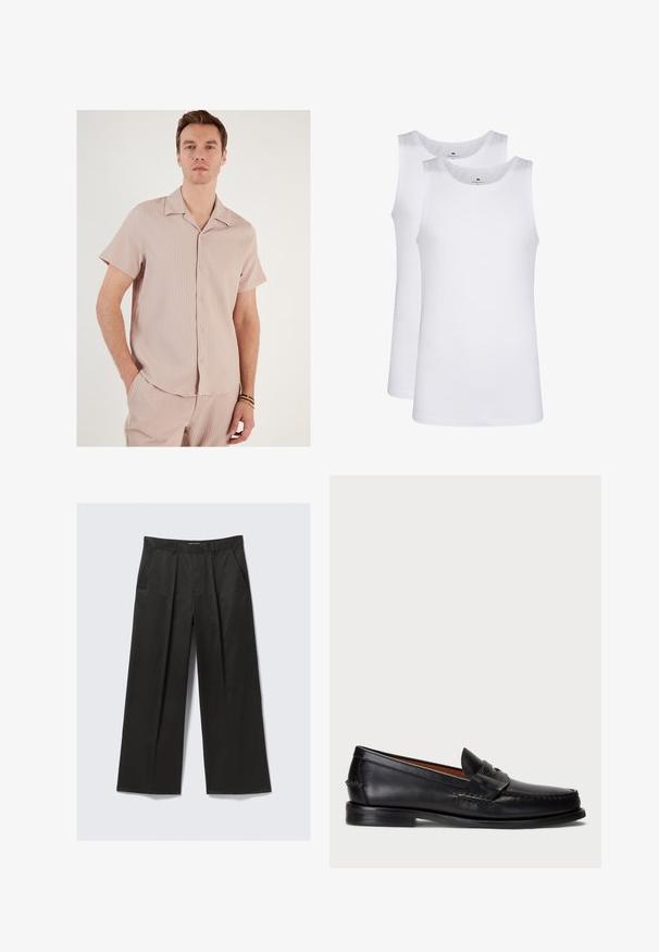 Kortærmet skjorte i lys pink, lavet af ribbet stof. Har krave og knapper ned foran, med en afslappet pasform.; Hvide bomulds tanktoppe, ærmeløs design, rund hals, ensartet tekstur, med et blødt, let stof. To stykker vist.; Sorte vide bukser med en glat tekstur, som har to frontlommer og en let forhøjet talje.; Sorte læder slip-on sko med rund tå, syede detaljer og et dekorativt bånd tværs over fronten. Flad sål med et minimalistisk design.