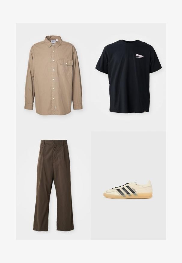 Tielko, dlhé rukávy, svetlohnedá bavlnená tkanina, zapínanie na gombíky, jediné náprsné vrecko s klopou, klasický golier, rovný lem.; Čierne bavlnené tričko s krátkymi rukávmi, okrúhlym výstrihom a ružovým logom na ľavej hrudi. Obsahuje etiketu na spodnom ľavom leme.; Hnedé, široké nohavice z bavlny s predným zapínaním na gombík, pútkami na opasok a hladkou, matnou textúrou.; Svetlo krémové tenisky s čiernym trojprúžkom, textúrovaným vrchom, okrúhlou špičkou a gumovou podrážkou. Obsahujú šnúrky a branding na boku.