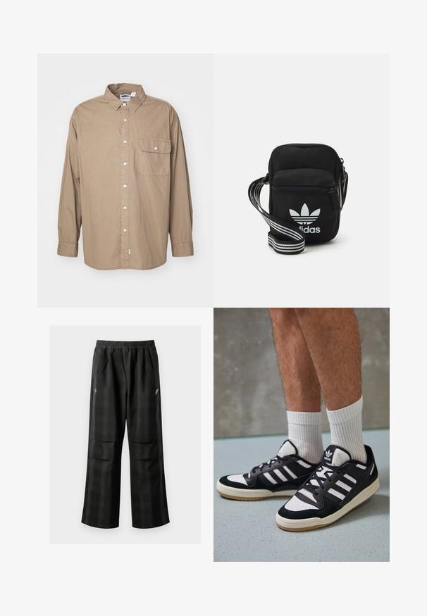Majica bez rukava, dugi rukavi, svijetlosmeđi pamučni materijal, prednji otvor s dugmadi, jedna unutarnja džep s preklopom, klasična kragna, ravni rub.; Crne karirane hlače s elastičnom urezom, dva prednja džepa i ležernim krojem s ravnim nogavicama. Izrađene su od laganog materijala.; Crne i bijele tenisice s gornjim dijelom od antilopa i kože, s tri bijele pruge, perforiranim prstom i gumiranim potplatom.; Crna crossover torba od tkanine sa zatvaračem, sa bijelim Adidas logotipom i prugastim podešivim remenom za lako nošenje.