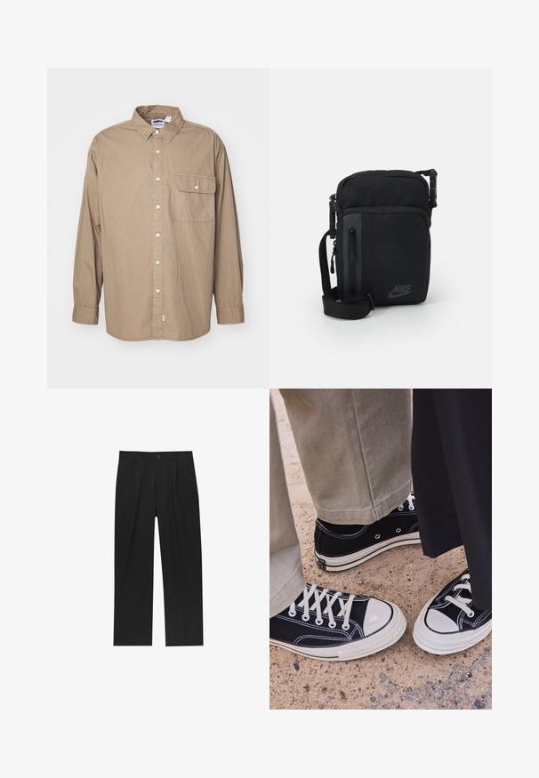 Tanktop met lange mouwen, lichtbruine katoenen stof, knoopsluiting aan de voorkant, enkele borstzak met klep, klassieke kraag, rechte zoom.; Zwarte broeken met een recht model, gemaakt van een gladde stof. Voorzien van een voorplooien en een enkele knoopsluiting bij de taille.; Zwarte canvas sneakers met witte rubberen neuzen en veters. Contrasterende stiksels en metalen oogjes voegen detail toe. Gecombineerd met beige broek en zwarte stof.; Zwarte nylon schoudertas met ritscompartimenten, verstelbare schouderband en subtiele logodetail aan de voorkant. Gladde textuur en rechthoekige vorm.